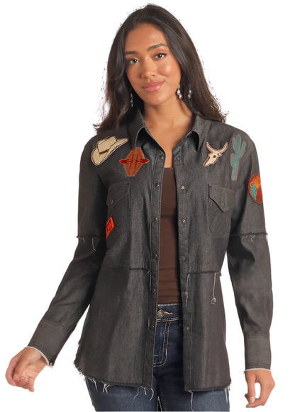 Panhandle Slim Women's Black Western Patches Long Sleeve Snap Up Western Shirt LW92T05817