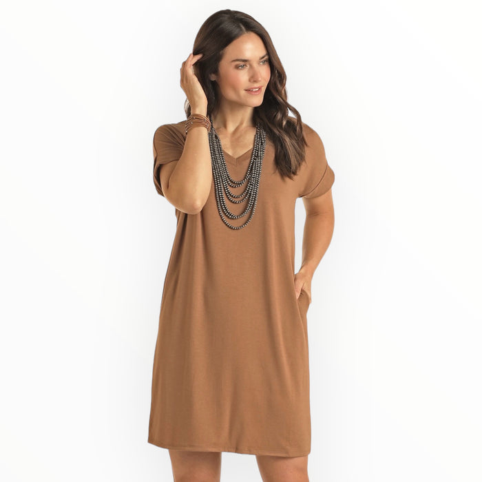 Panhandle Women's Camel Brown V-Neck Rolled Sleeve Tee Dress LWD1R04857-Painted Cowgirl Western Store
