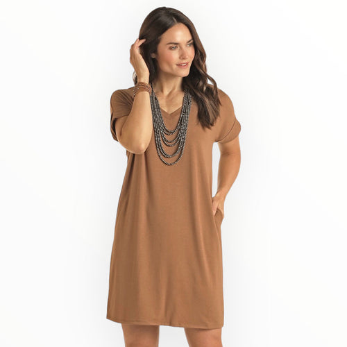 Panhandle Women's Camel Brown V-Neck Rolled Sleeve Tee Dress LWD1R04857-Painted Cowgirl Western Store