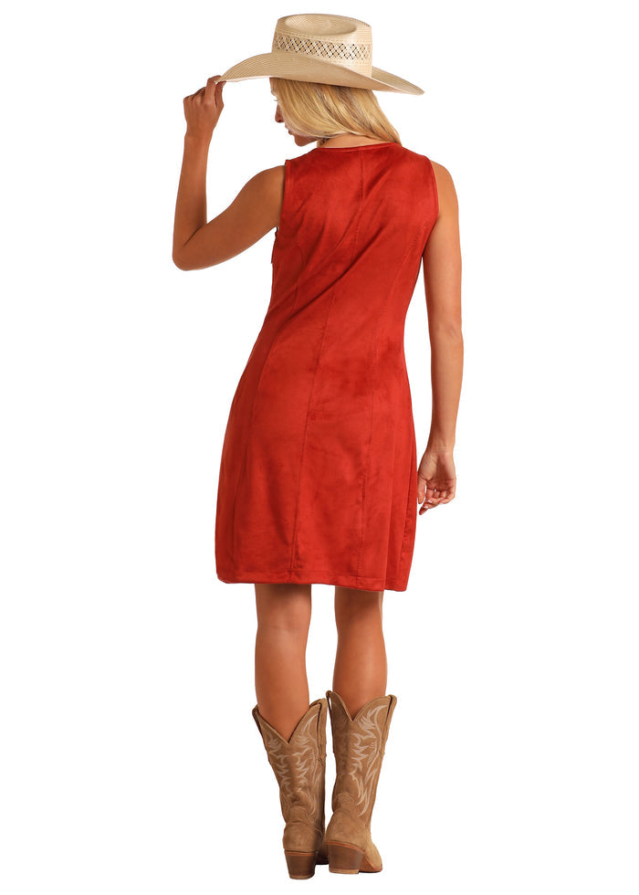 Panhandle Women's Red Rust Microsuede Fringed Western Embroidered Sleeveless Dress LWD0R05806