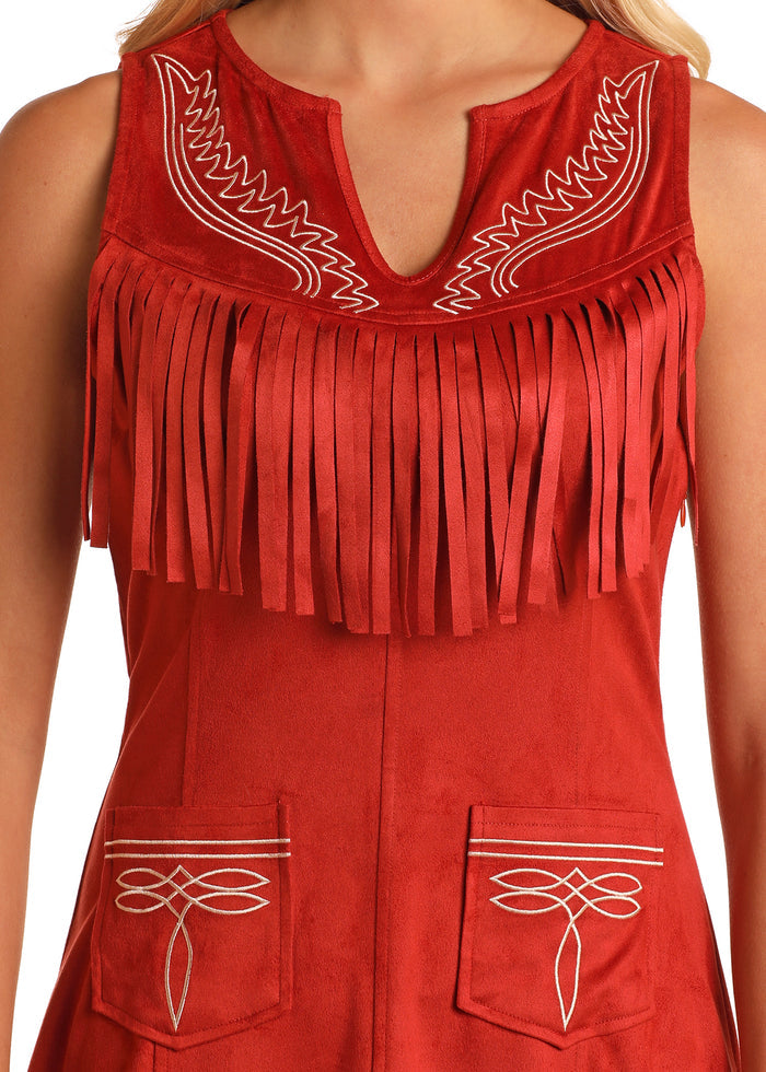 Panhandle Women's Red Rust Microsuede Fringed Western Embroidered Sleeveless Dress LWD0R05806