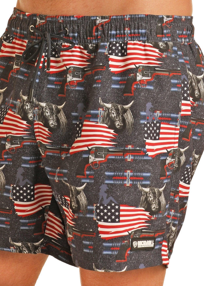 Rock and Roll Cowboy Men's American Flag Swim Board Shorts BM68W04352-Painted Cowgirl Western Store