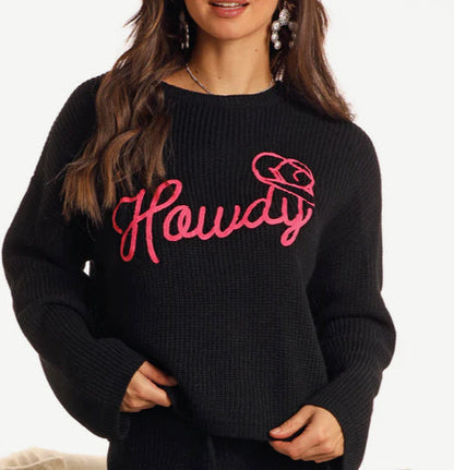 Rock and Roll Cowgirl Black Range Howdy Cropped Long Sleeve Sweater AW32T05512