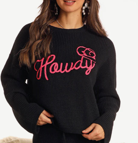 Rock and Roll Cowgirl Black Range Howdy Cropped Long Sleeve Sweater AW32T05512