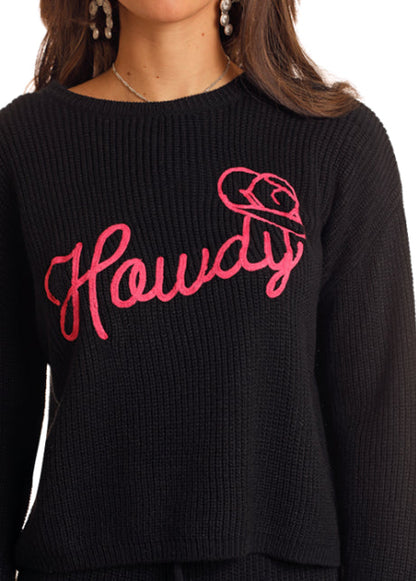 Rock and Roll Cowgirl Black Range Howdy Cropped Long Sleeve Sweater AW32T05512