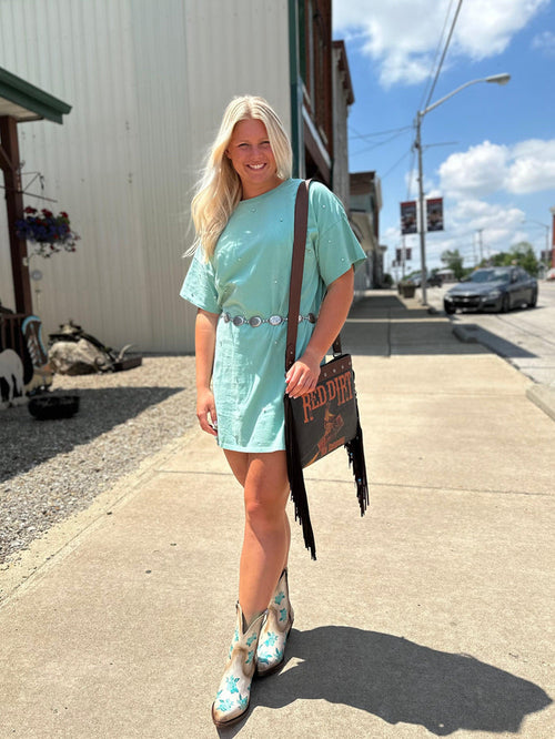 Rock and Roll Cowgirl Women's Light Turquoise Studded Mini Tee Dress BWD1R03875-TURQ-Painted Cowgirl Western Store