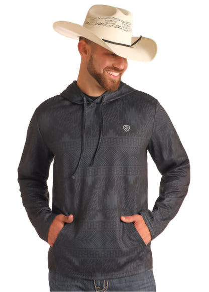 Rock & Roll Cowboy Men's Black Aztec Western Print Performance Hoodie BM94T05976