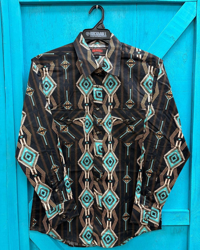 Rock & Roll Cowboy Men's Black & Turquoise Modern Fit Long Sleeve Western Shirt BMN2S03938-Painted Cowgirl Western Store
