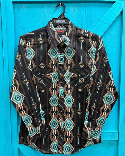 Rock & Roll Cowboy Men's Black & Turquoise Modern Fit Long Sleeve Western Shirt BMN2S03938-Painted Cowgirl Western Store