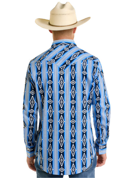 Rock & Roll Cowboy Men's Blue & White Aztec Print Modern Fit Snap Long Sleeve Western Shirt BMN2S06491