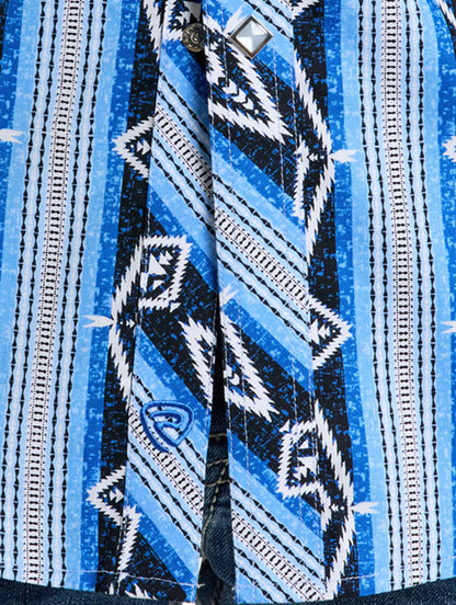 Rock & Roll Cowboy Men's Blue & White Aztec Print Modern Fit Snap Long Sleeve Western Shirt BMN2S06491