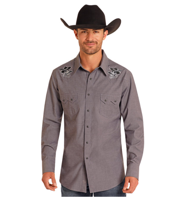 Rock & Roll Cowboy Men's Dark Grey Western Skull Embroidered Slim Fit Long Sleeve Shirt BMN2S04715