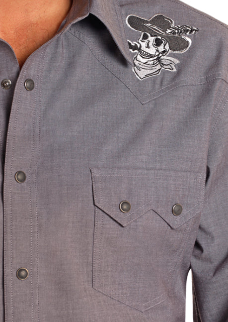 Rock & Roll Cowboy Men's Dark Grey Western Skull Embroidered Slim Fit Long Sleeve Shirt BMN2S04715