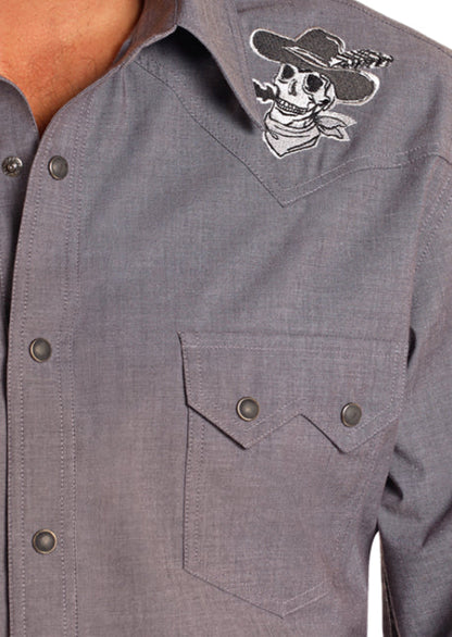 Rock & Roll Cowboy Men's Dark Grey Western Skull Embroidered Slim Fit Long Sleeve Shirt BMN2S04715
