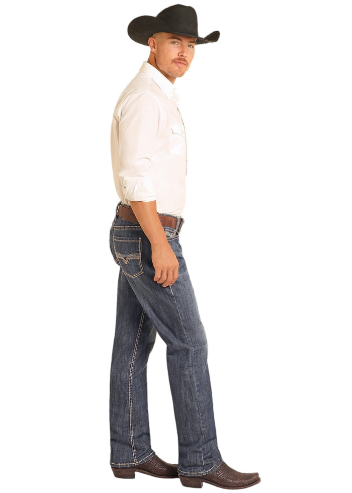 Rock & Roll Cowboy Men's Dark Stonewash Double Barrel Relaxed Stackable Boot Cut Jeans BMTBD04809-Painted Cowgirl Western Store