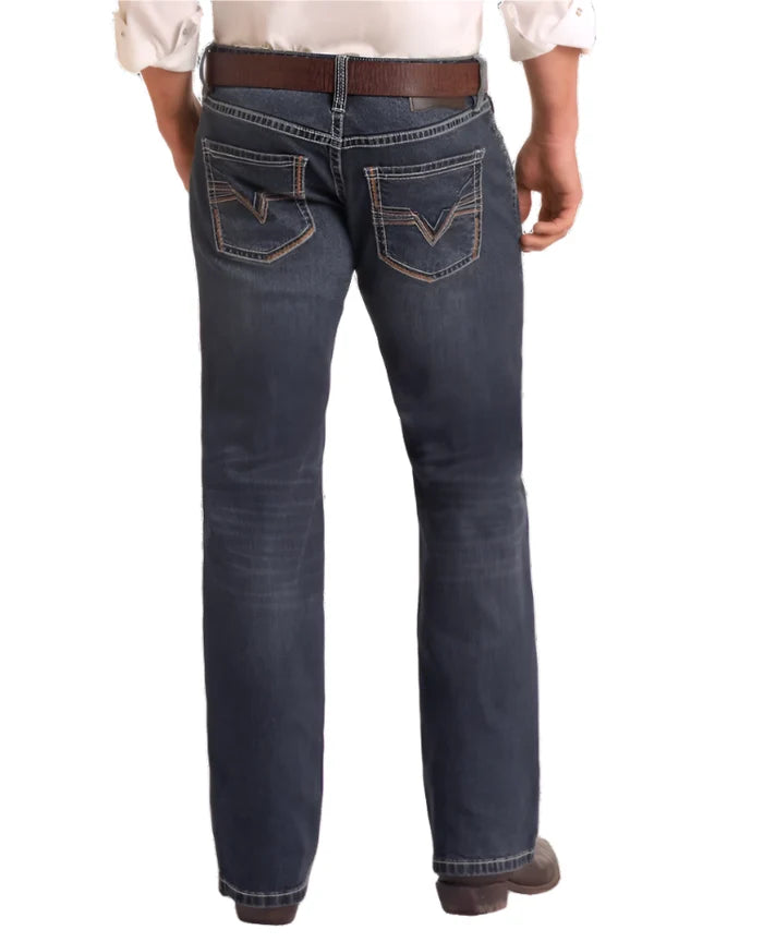 Rock & Roll Cowboy Men's Dark Wash Regular Fit Two-Tone V Stackable Boot Cut Jeans BMSPD05564