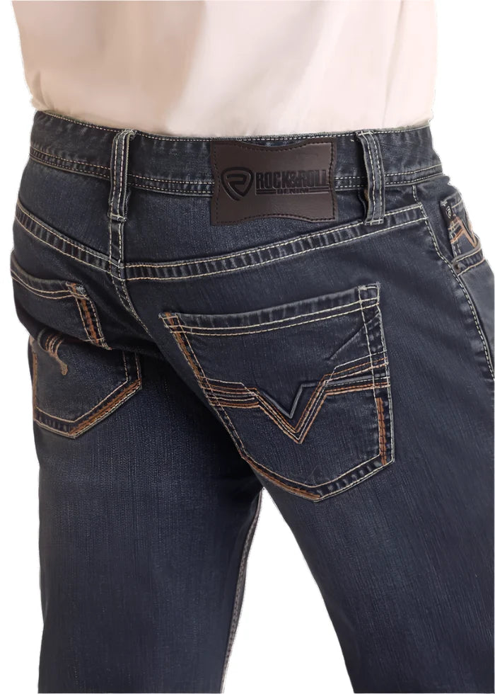 Rock & Roll Cowboy Men's Dark Wash Regular Fit Two-Tone V Stackable Boot Cut Jeans BMSPD05564