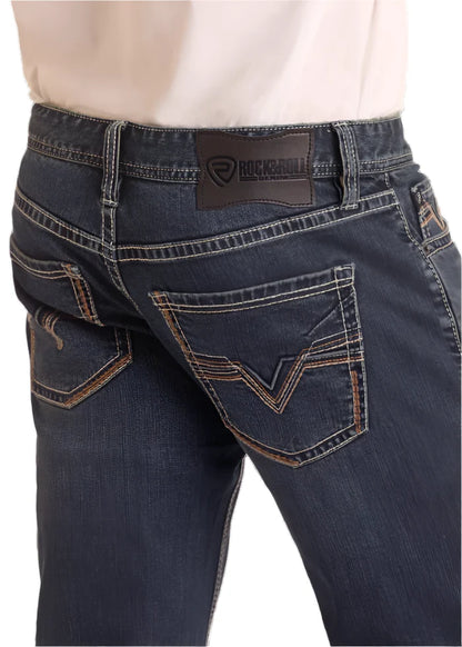 Rock & Roll Cowboy Men's Dark Wash Regular Fit Two-Tone V Stackable Boot Cut Jeans BMSPD05564
