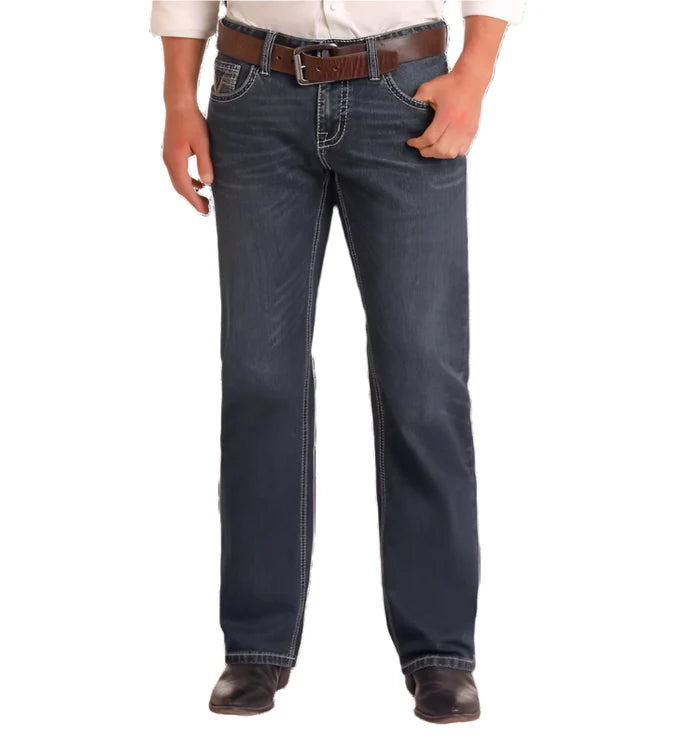 Rock & Roll Cowboy Men's Dark Wash Regular Fit Two-Tone V Stackable Boot Cut Jeans BMSPD05564