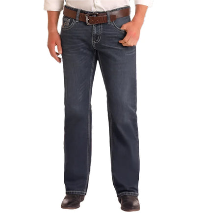Rock & Roll Cowboy Men's Dark Wash Regular Fit Two-Tone V Stackable Boot Cut Jeans BMSPD05564