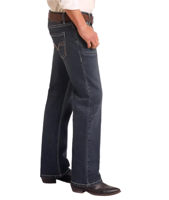 Rock & Roll Cowboy Men's Dark Wash Regular Fit Two-Tone V Stackable Boot Cut Jeans BMSPD05564