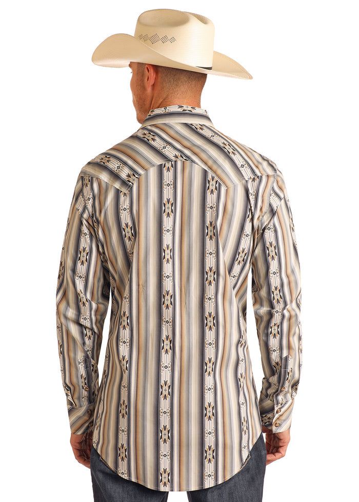 Rock & Roll Cowboy Men's Tan Aztec Striped Slim Fit Snap Long Sleeve Western Shirt BMN2S05842