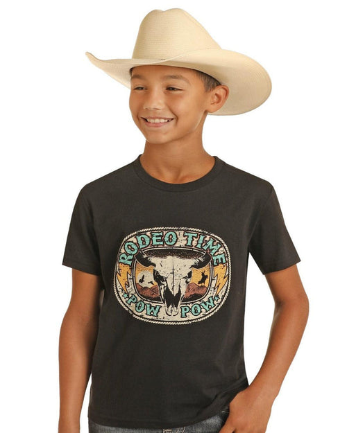 Rock & Roll Cowboy Youth Rodeo Time Black Pow Pow Graphic Tee Shirt BB21T04422-Painted Cowgirl Western Store