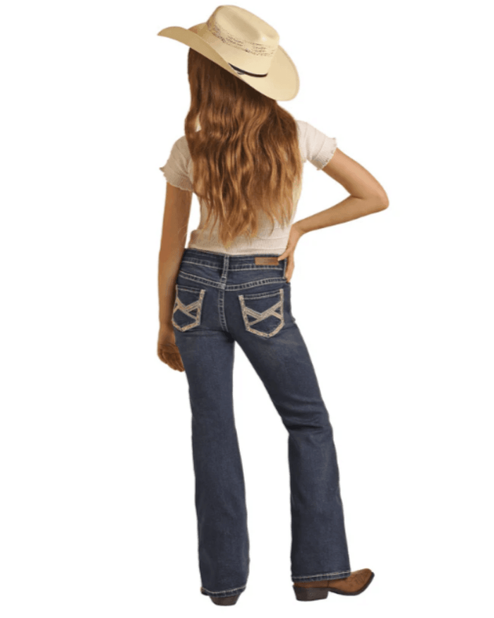 Rock & Roll Cowgirl Girl's Crossed Emblem Dark Wash Boot Cut Jeans BG4MD04241