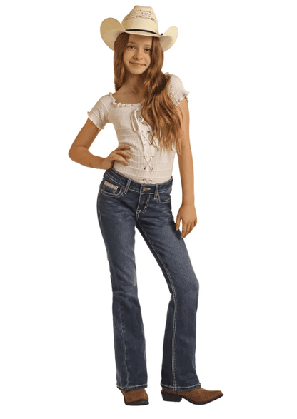 Rock & Roll Cowgirl Girl's Crossed Emblem Dark Wash Boot Cut Jeans BG4MD04241
