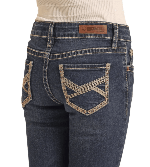 Rock & Roll Cowgirl Girl's Crossed Emblem Dark Wash Boot Cut Jeans BG4MD04241
