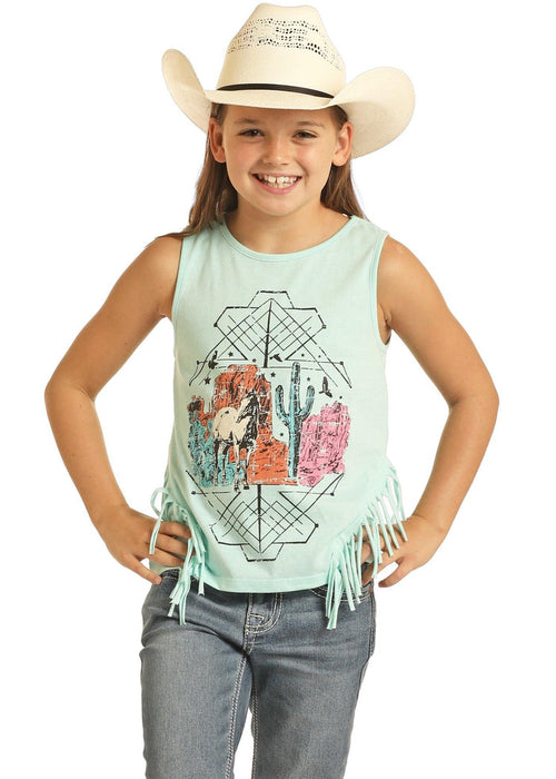 Rock & Roll Cowgirl Girl's Light Turquoise Desert Horse Graphic Fringe Tank Top BG20T04357-Painted Cowgirl Western Store