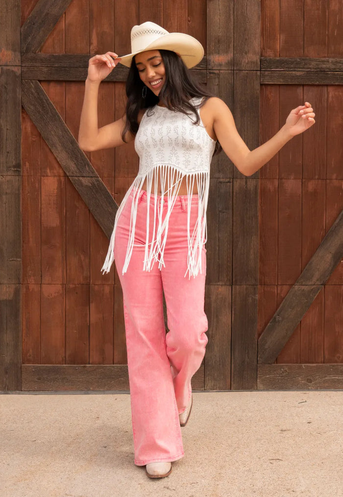 Rock & Roll Cowgirl Pink High Rise Distressed Wash Flare Jeans BW8PD03586-Painted Cowgirl Western Store