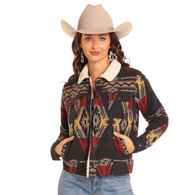 Rock & Roll Cowgirl Women's Black Aztec Jacquard Trucker Jacket Coat BW92C04339