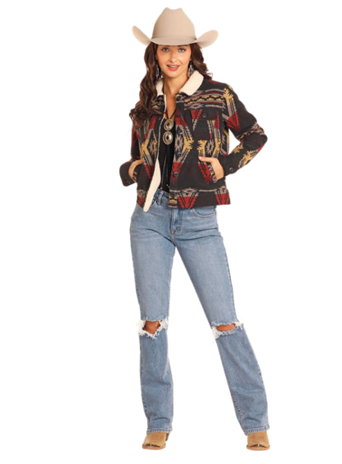 Rock & Roll Cowgirl Women's Black Aztec Jacquard Trucker Jacket Coat BW92C04339