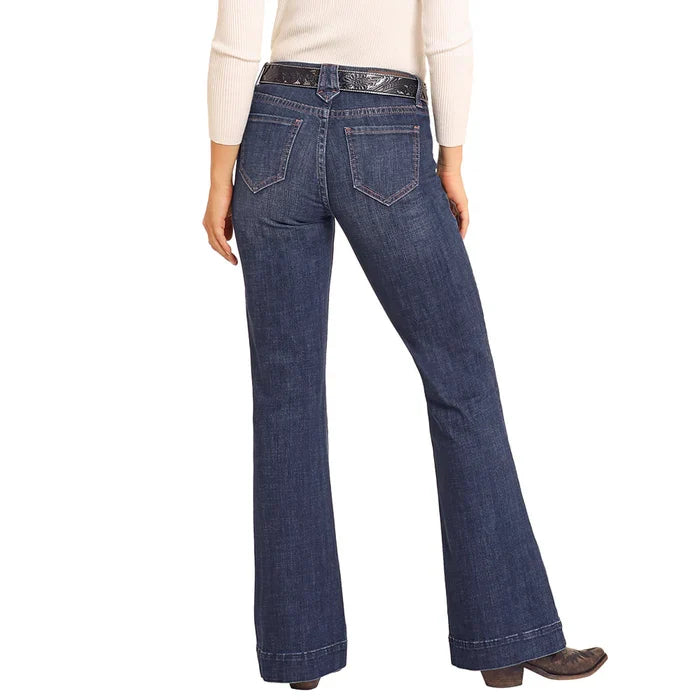 Rock & Roll Cowgirl Women's Dark Wash Diamond Loop Trouser Jeans BW5MD04783-Painted Cowgirl Western Store