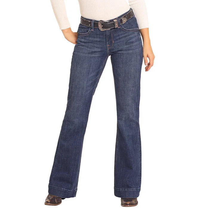 Rock & Roll Cowgirl Women's Dark Wash Diamond Loop Trouser Jeans BW5MD04783-Painted Cowgirl Western Store