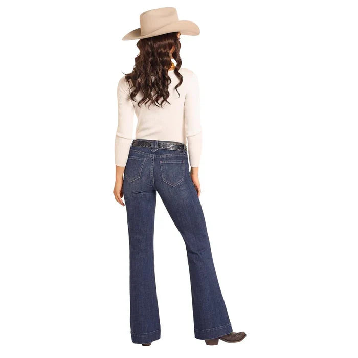 Rock & Roll Cowgirl Women's Dark Wash Diamond Loop Trouser Jeans BW5MD04783-Painted Cowgirl Western Store