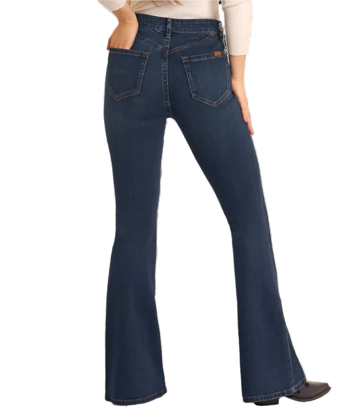 Rock & Roll Cowgirl Women's Dark Wash High-Rise Scallop Detailed Button Flare Jeans BW6PD05304