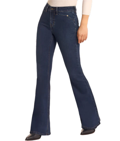 Rock & Roll Cowgirl Women's Dark Wash High-Rise Scallop Detailed Button Flare Jeans BW6PD05304