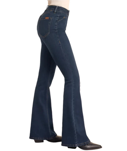 Rock & Roll Cowgirl Women's Dark Wash High-Rise Scallop Detailed Button Flare Jeans BW6PD05304