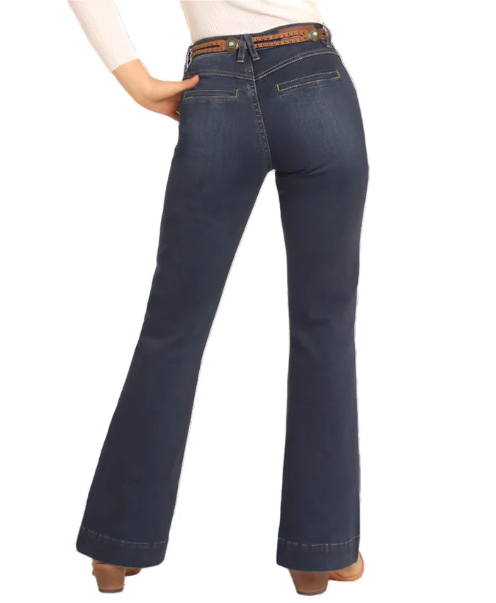 Rock & Roll Cowgirl Women's Dark Wash High Rise Welt Pocket Trouser Jeans BW5HD04784-Painted Cowgirl Western Store