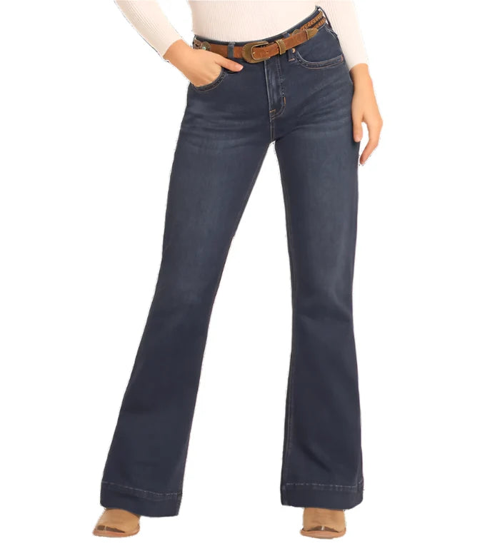 Rock & Roll Cowgirl Women's Dark Wash High Rise Welt Pocket Trouser Jeans BW5HD04784-Painted Cowgirl Western Store