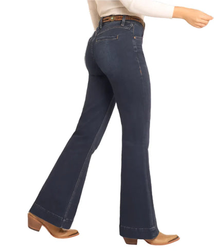 Rock & Roll Cowgirl Women's Dark Wash High Rise Welt Pocket Trouser Jeans BW5HD04784-Painted Cowgirl Western Store