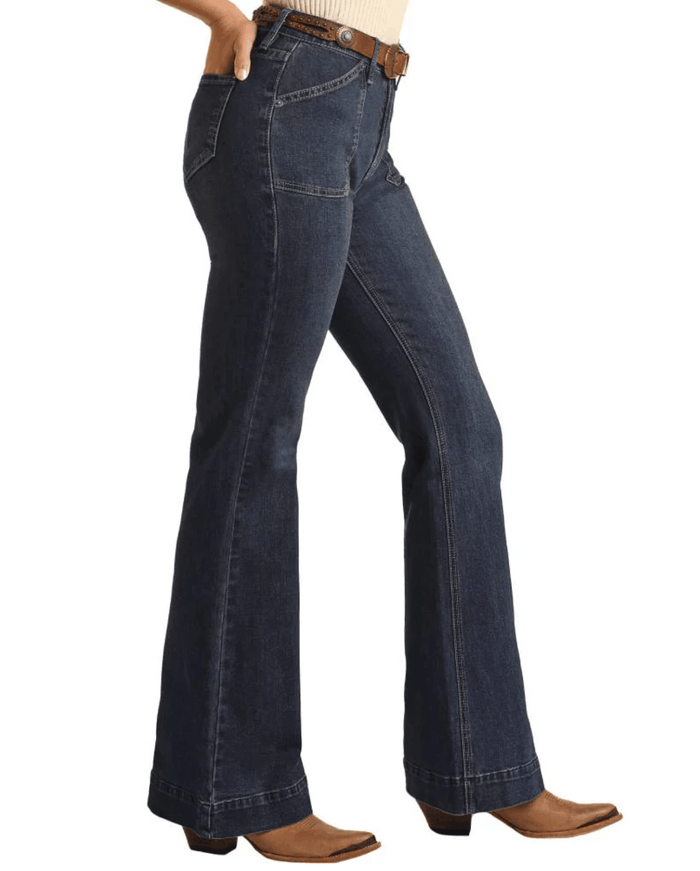 Rock & Roll Cowgirl Women's Front Patch Pocket Dark Wash Trouser Jeans BW5HD03994