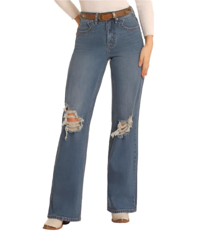 Rock & Roll Cowgirl Women's High-Rise Distressed Relaxed Flare Jeans BW6HD05339