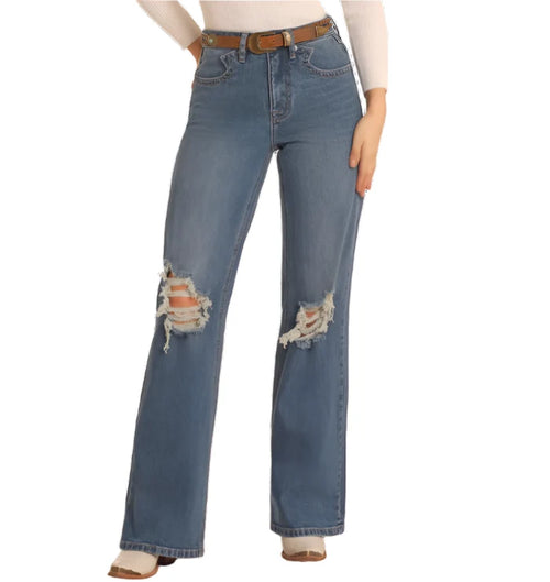 Rock & Roll Cowgirl Women's High-Rise Distressed Relaxed Flare Jeans BW6HD05339