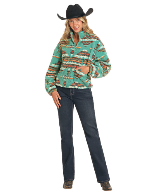 Rock & Roll Cowgirl Women's Turquoise Aztec Print 1/4 Zip Sherpa Pullover BW91C04558