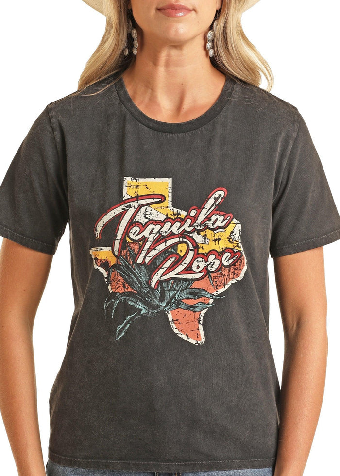 Rock & Roll Women's Black Tequila Rose Graphic Tee BW21T04009-Painted Cowgirl Western Store