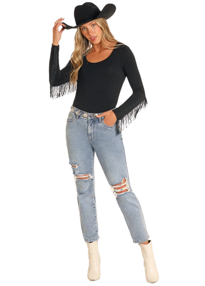 Rock & Roll Women's Light Wash Studded Distressed High Rise Straight Leg Crop Jeans BW9HD04796