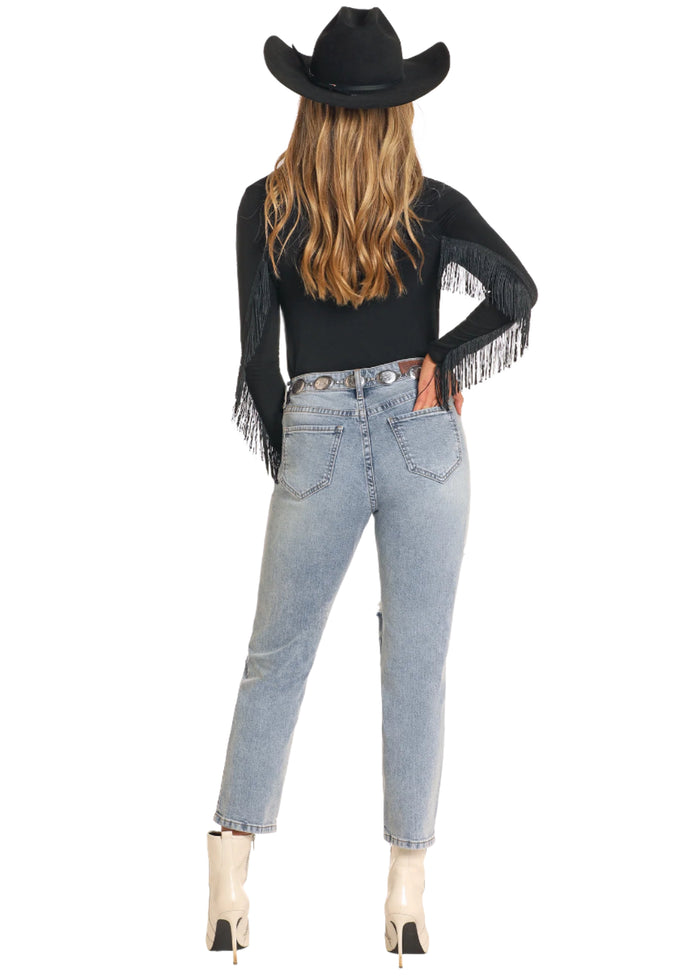 Rock & Roll Women's Light Wash Studded Distressed High Rise Straight Leg Crop Jeans BW9HD04796